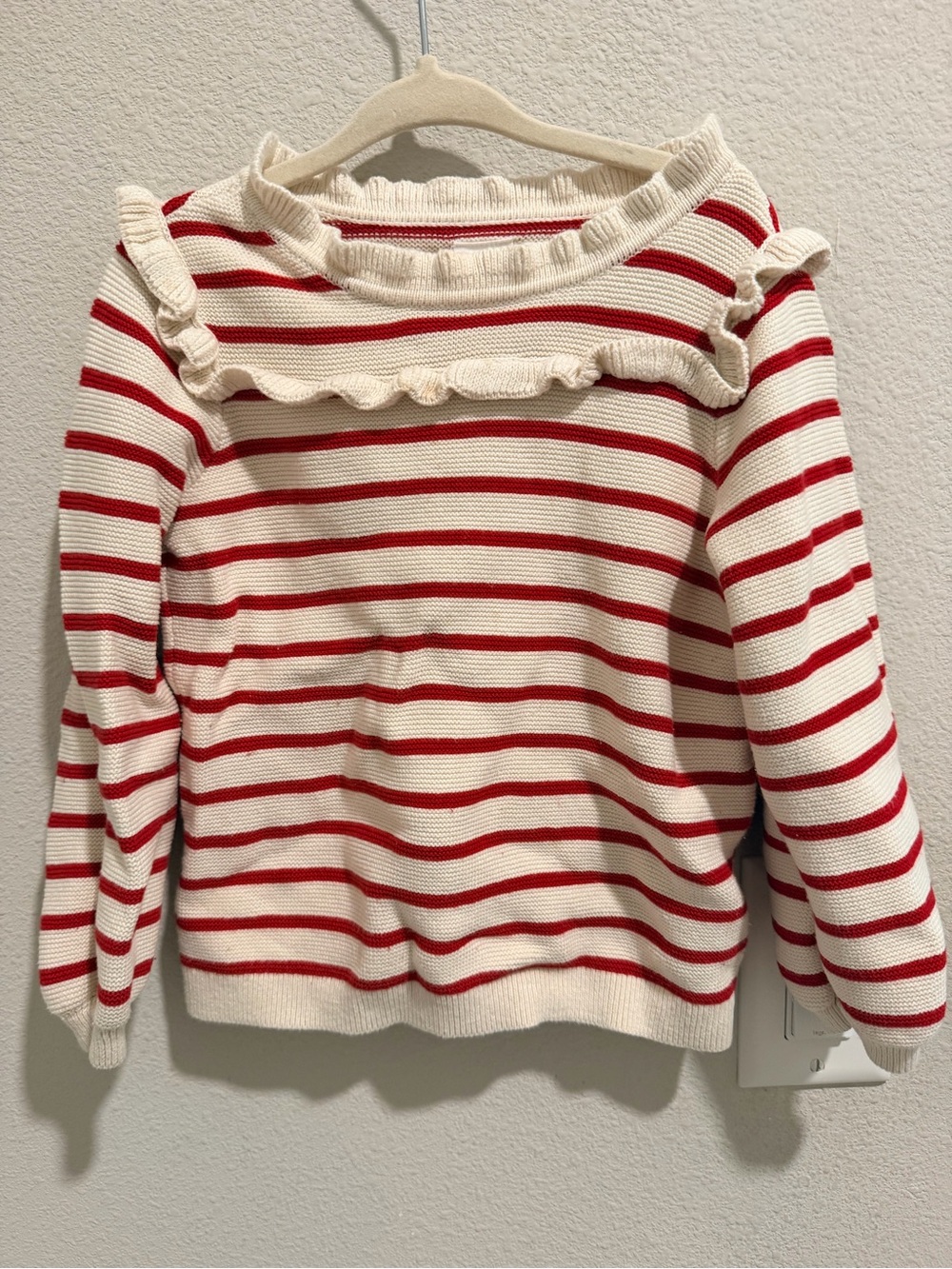 GAP Cream and Red Striped Ruffle Shoulder Sweater